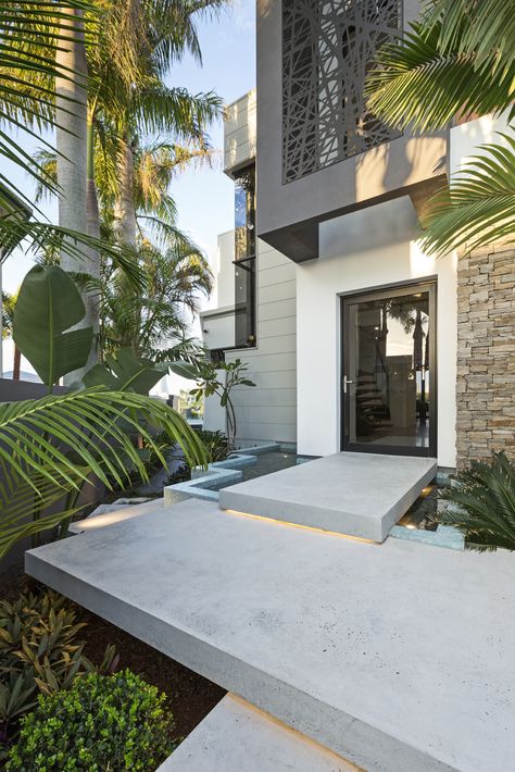 Honed Concrete, Decorative Concrete Floors, Pool Surrounds, Outdoor Living Deck, White Exterior Houses, Lake Houses Exterior, Outdoor Paving, Concrete Patio Designs, Gold Coast Queensland