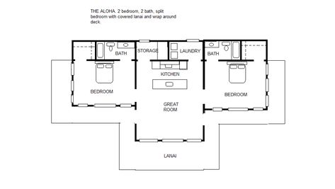 THE ALOHA 2/2 Split Bedroom Floor Plan 2 Bedroom Pool House Plans, Pool House Plans Guest Suite, Pool Houses Plans, Floor Plan Sketch, 2 Bedroom Floor Plans, Bedroom Plan, Cottage Floor Plans, Split Bedroom, Small House Floor Plans