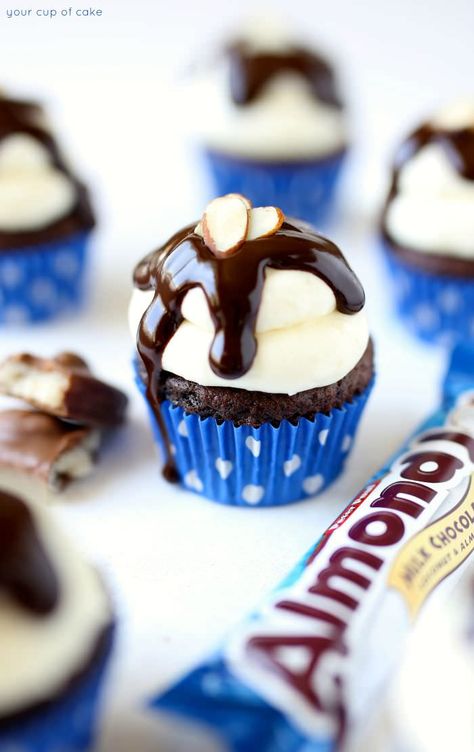 Almond Joy Cupcakes dripping in chocolate Almond Joy Cupcakes, Candy Bar Cupcakes, Cup Of Cake, Coconut Cream Cheese Frosting, Pumpkin Pie Cake, Cupcake Recipes Chocolate, Almond Joy, Melting Chocolate Chips, Pie Cake