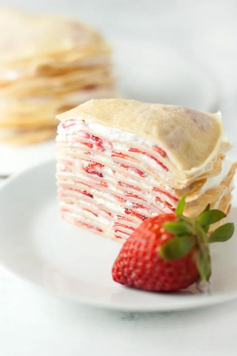 Strawberry Crepe Cake Recipe, Strawberry Crepe Cake, Mille Crepe Cake, Whipped Cream And Strawberries, Crepe Cake Recipe, Strawberry Crepe, Cream And Strawberries, Cake Recipes At Home, Strawberry Crepes