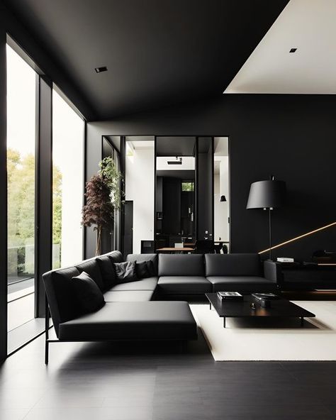 Hotel Suite Bedroom, Black Lovers, Japandi Living Room, Japandi Living, Office Black, Black Office, Modern Houses Interior, Black Floor, Exterior Decor