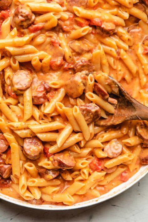 Cheesy Kielbasa Pasta - Cook Dinner Tonight Turkey Kielbasa Pasta, Cheese Kielbasa Pasta, Super Cheesy Pasta, Kielbasa Pasta Crockpot, Kelbeisa Sausage Pasta Recipes, Kalbasa Pasta Dinner Recipes, Hotdogs Pasta Recipes, Cajun Kielbasa Pasta, Pasta Kielbasa Recipes