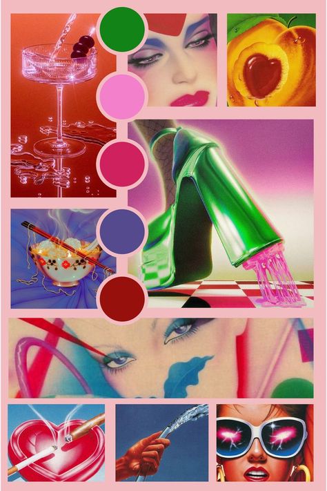 80s inspired mood board with bright pinks, reds, and greens. Imagery showcases artwork done in the 80s. Casual Spring Outfits Women, Spring Outfits Korea, Spring Outfits Black Women, Classy Spring Outfits, Casual Outfits Fall, Casual Spring Outfits, Trendy Graphic Design, Graphic Design Marketing, Trendy Spring Outfits