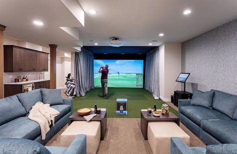 Golf Simulator Home Theater, Basement With Golf Simulator, Golf Simulator In Basement, Golf Simulator Movie Room, Golf Simulator Theater Room, Golf Simulator Basement, Basement Golf Simulator, Basement Gym And Family Room, Golf Simulator Room Design