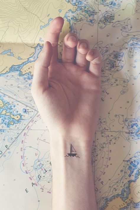 These Nautical Tattoos Will Make You Want to Sail the Seven Seas ... Design Tatuaje, A Small Tattoo, River Tattoo, Sailboat Tattoo, Boat Tattoo, Delicate Tattoo, Ship Tattoo, Cute Tiny Tattoos, Small Tattoo Designs