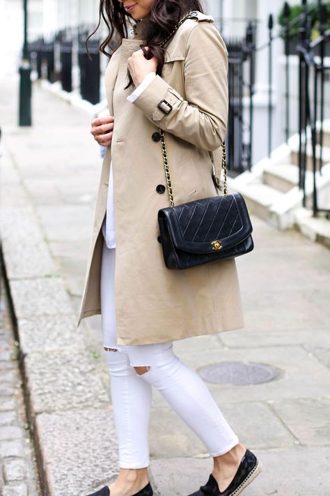 Trench coat with white ripped skinny jeans Chanel Vintage Bag Outfit, Chanel Diana Bag Outfit, Soludos Espadrilles, Lace Espadrilles, Trench Coat Outfit, Burberry Trench, Bag Outfit, Celine Sunglasses, Topshop Jeans