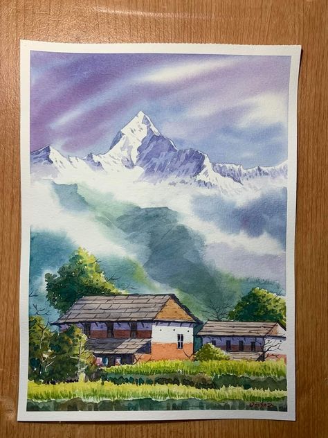 Watercolour Scenery Painting, Nepal Landscape, Watercolour Scenery, Watercolor Scenery Painting, Pencil Colours, Art Competition Ideas, Alien Resurrection, Watercolor Scenery, Emoji Drawings