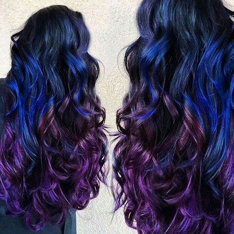 Blue Navy Indigo purple rainbow hair long layers & curls gorgeous Blue Purple And Black Hair, Black Blue Purple Hair, Midnight Blue And Purple Hair, Black Blue And Purple Hair, Dark Blue And Purple Hair, Hogwarts Jewelry, Brunette Layers, Purple And Blue Hair, Blue Balayage