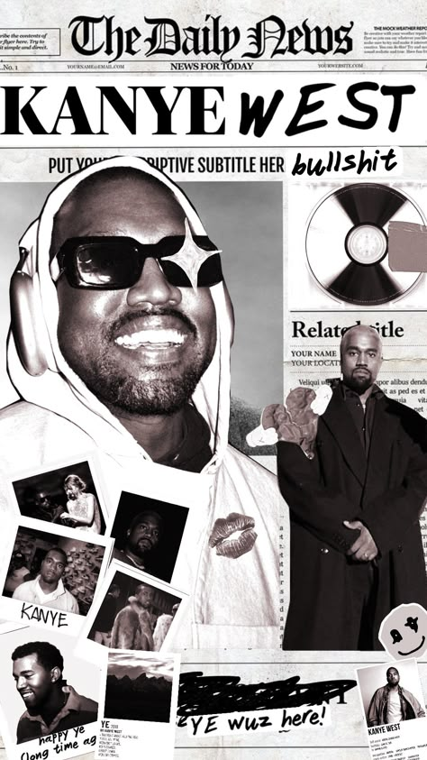 KANYE OMARI WEST #kanye #kanyewest #ye #rap #music #album #fyp #wallpaper #newspaper Kanye West Wallpaper, Kanye West Albums, Rap Album Covers, Travis Scott Wallpapers, Tupac Pictures, Rap Albums, Music Collage, Vintage Poster Design, Music Poster Design