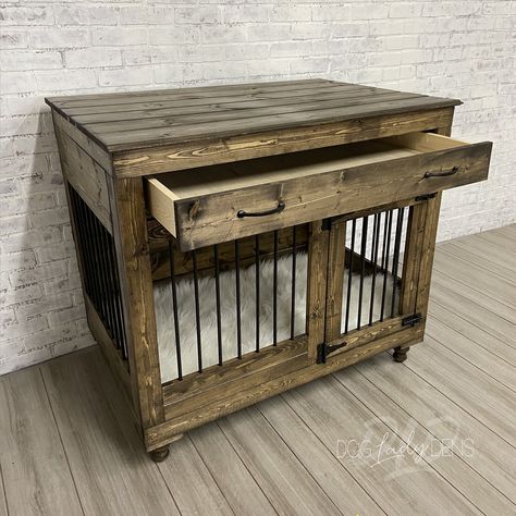 "MESSAGE US FOR CUSTOM QUOTES! 🐾 Handcrafted from solid wood and rebar, our iconic rustic dog dens turn your pets' crate into a stylish addition to your home. Each den features premium stylized locks and matching hardware. Available in eight pet safe non-toxic finishes White, Antique White, Black, Ebony, Dark Walnut, Graphite, Classic Grey, and Natural Wood. Choose one color for the entire kennel, or customize one color for the top and one for the base. Don't see a color you like? Email us abou Pet Crates, Double Dog Crate, Dog Crate Table, Dog Den, Diy Dog Crate, Dog Kennel Furniture, Diy Dog Kennel, Crate Table, Large Dog Crate