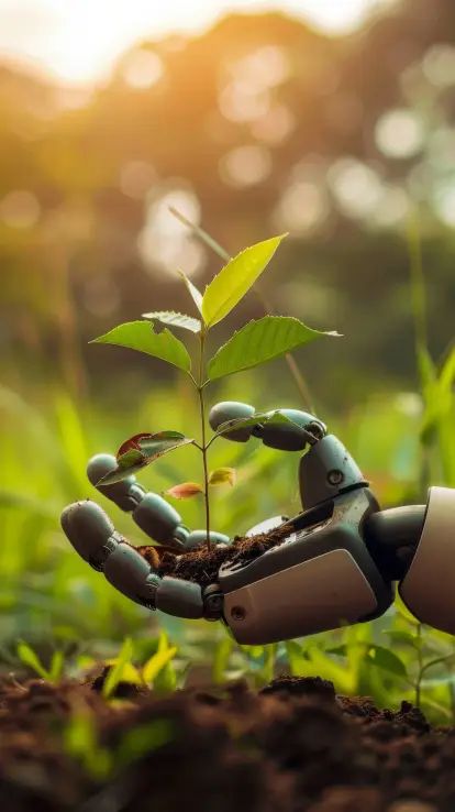 Download robot hand planting tree, automation in agriculture, artificial intelligence in farming, futuristic technology in nature, robot gardening, eco-friendly robotics FREE Stock Photo Technological Environment Images, Futuristic Agriculture, Nature Robot, Nature Futuristic, Agriculture Poster, Futuristic Nature, Farming Pictures, Eco Aesthetic, Agriculture Quotes