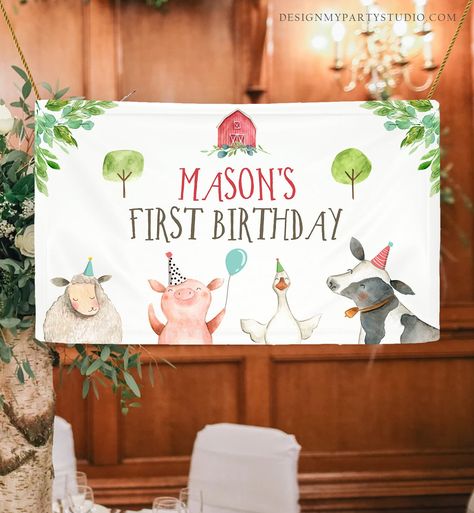 Pink Farm Birthday, Barnyard Birthday Decorations, Farm Backdrop, Travel Bridal Showers, Farm Animals Birthday Party, Digital Sign, Farm Animal Birthday, Barnyard Birthday, 2nd Birthday Party Themes