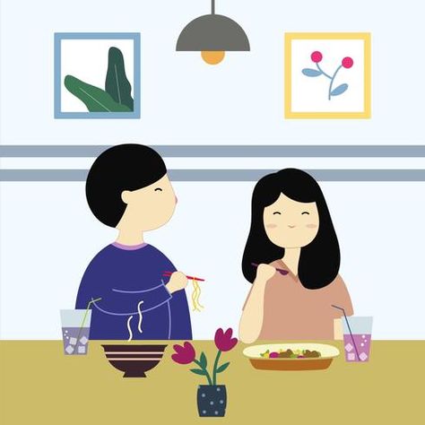 Cute Couple Eating at Restaurant Vector Eating At Restaurant, Couple Eating, Relationship Drawings, Vegetable Cartoon, At Restaurant, Cartoon Couple, Food Cartoon, Couple Cartoon, Couple Art