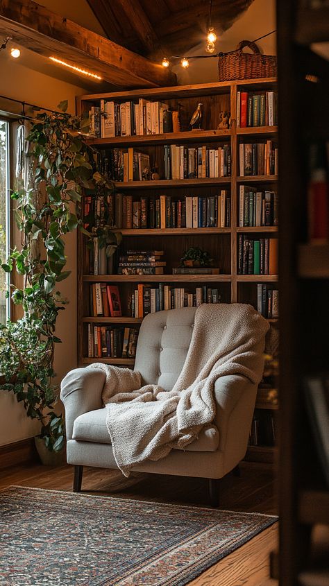 Create your ideal Taurus reading nook with an oversized armchair, piled high with soft throw blankets. 🌿📚 A wooden bookshelf brims with your favorites, bathed in warm lighting. ☕ Decorate with nature-inspired accents for a tranquil, earthy vibe. Perfect for getting lost in a book! ✨ Fireplace With Accent Chairs, Reading Corner By Window, Earthy Reading Nook, Reading Nook With Fireplace, Reading Nook Ideas For Adults Cozy, Moody Reading Nook, Reading Nook Ideas For Adults, Cozy Bookshelf, Reading Corner Ideas