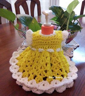 Sweet Nothings Crochet SOAP DISPENSER COVER 7 : FRILLY MAGYAR SLEEVED DRESS 1 Layered Dress Pattern, Christmas Gift Ideas Handmade, Crochet Jar Covers, Crochet Pot Holders Free Pattern, Doll Dress Pattern, Vintage Crochet Dresses, Bottle Dressing, Crochet Towel Topper, Dishcloth Patterns Free