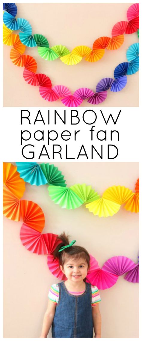 Fan Garland, Rainbow Fan, Kraftangan Prasekolah, Rainbow Theme Party, Paper Fan, Rainbow Paper, Rainbow Birthday Party, Diy Birthday Decorations, Diy Simple