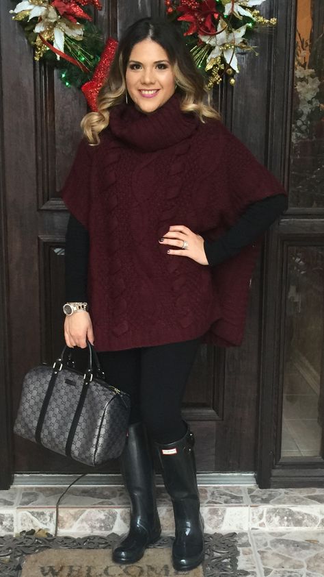 Burgundy turtleneck cable knit poncho | sweater | black leggings | black hunter boots | glossy | outfit ideas | rainy day | New Year's Eve | style | mommy style | winter | what to wear | Gucci | medium joy Boston bag | gunmetal | Hunter Boots Outfit, Poncho Outfit, Winter Teacher Outfits, Knit Poncho Sweater, Winter Bags, Boating Outfit, Winter Leggings, Outfit Winter, Poncho Sweater