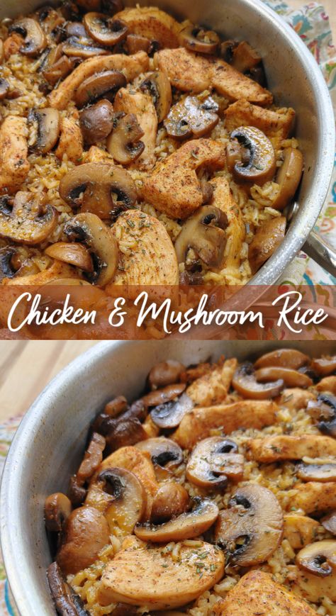 A quick and easy skillet meal with savory chicken and buttery mushrooms cooked with rice in one pan. Caramel Chocolate Chip Bars, Texas Roadhouse Chicken, Chicken And Mushroom Rice, Buttery Mushrooms, Mushroom Rice Casserole, Chicken Mushroom Rice, Best Pumpkin Cheesecake, Golden Mushroom, Easy Skillet Meals