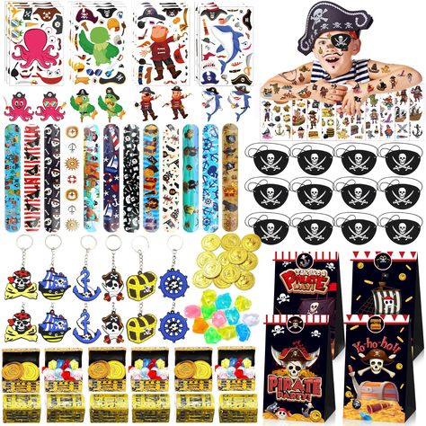 PRICES MAY VARY. 108 Pcs Pirate Party Favors Set - 12 pcs pirate gift bags, 12 pcs pirate plastic gold colored coins, 12 pcs pirate gems, 12 pcs eye patch, 12 pcs treasure chest, 12 pirate tattoo stickers, 12 pcs pirate slap bracelets, 12 key chains and 12 make your own pirate stickers. pirate party favors set constitute an exquisitely designed magnificent pirate theme, making your parties and gifts stand out instantly, this pirate gift bag will add a lot of charm to your occasion Pirate Sticker Pirate Gold Coins, Pirate Stickers, Resident Events, Pirate Party Favors, Pirate Activities, Pirates Gold, Pirate Gifts, Pirate Tattoo, Pirate Birthday Party