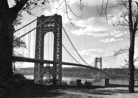 View of the George Washington Bridge from Washington Heights in Manhattan across to Fort Lee in New Jersey, 1932. Bridge Tattoo, Franklin Delano Roosevelt, Bridge Construction, Washington Heights, Traffic Jam, George Washington Bridge, Group Of Companies, George Washington, The Bridge