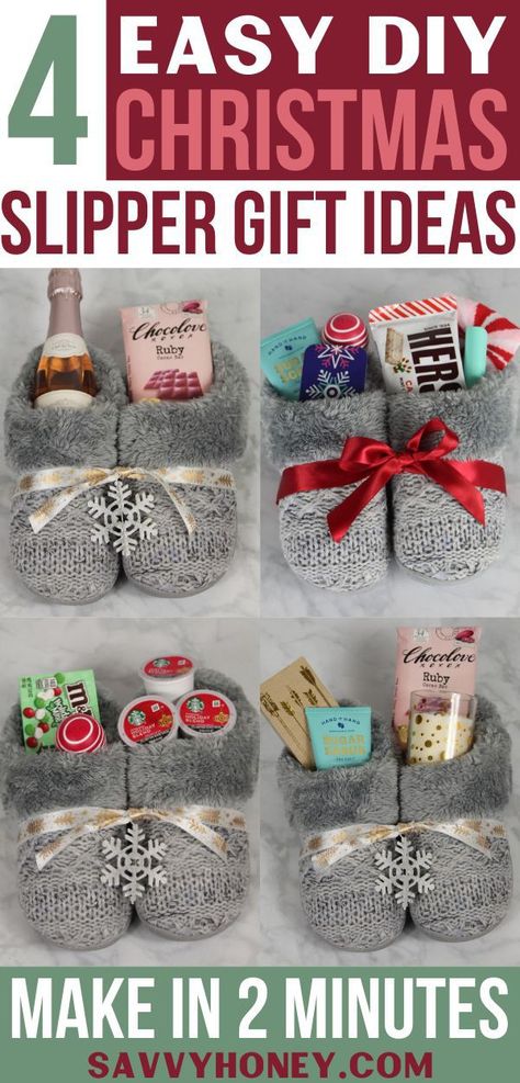 Christmas Slippers Gift, Slipper Christmas Gift Ideas, Christmas Diy Baskets Ideas, Work Christmas Gifts Diy, Cute Secret Santa Gifts For Coworkers, Coworker Christmas Ideas, Slipper Gift Basket, Christmas Gift Ideas For Teachers Diy, Easy Diy Xmas Gifts