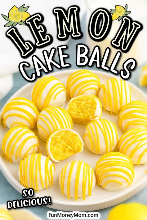 These Lemon Cake Balls are an easy dessert that's ideal for all your spring and summer parties. From their vibrant yellow color to their zesty lemon flavor, these sweet treats are a perfect little bite that will be a huge hit with your guests. Yellow Cake Pops Recipe, Yellow Cake Cake Pops, Yellow Treat Table, Summer Cake Pop Flavors, Lemon Cake Pops Easy, Yellow Party Food Snacks, Color Party Yellow Snacks, Color Party Yellow Ideas, Lemon Drop Cake Bites