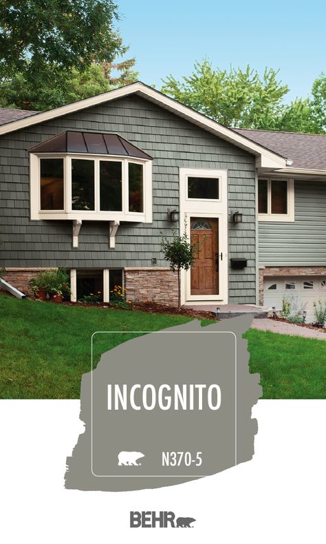 Color: Behr Incognito  This would look nice on exterior of the house Taupe Exterior House Colors, Behr Exterior Paint, Downspout Diverter, Green Exterior House Colors, Grey Exterior House Colors, House Paint Color Combination, House Makeovers, Behr Paint Colors, Gray House