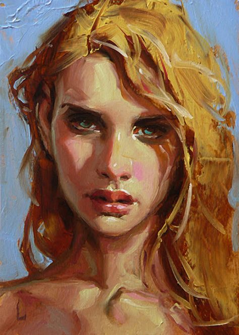 "Sunshine" - John Larriva (American, b. 1981), oil on hardboard, 2015 {figurative #impressionist art beautiful blonde female head woman face portrait painting} larriva.blogspot.com John Larriva, Soyut Sanat Tabloları, 수채화 그림, Oil Painting Portrait, Face Art, Original Fine Art, Figure Painting, Figurative Art, Digimon