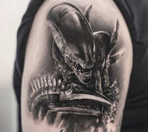 Awesome black and grey realistic tattoo style of Xenomorph Alien motive done by tattoo artist Bro Studio Alien Tattoo Xenomorph, Predator Tattoo, Venom Tattoo, Horror Movie Tattoos, Giger Alien, Black And Grey Tattoo, Evil Tattoo, Tattoos Arm, Alien Artwork