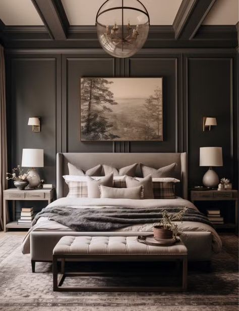 Midtone Bedroom, Non White Bedroom Ideas, Primary Bedroom Design Ideas, Dark Navy Bedroom Accent Wall, Boutique Hotel Bedroom Inspiration, Color Drenching Bedroom Moody, Dark And Moody Bedroom Ideas, Modern Farmhouse Bedroom Master Suite Vaulted Ceilings, Elegant Bedroom Ideas Luxury Master Suite Interior Design