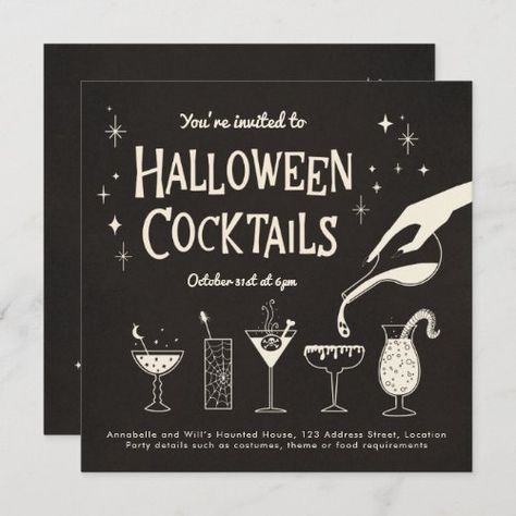 Retro Adult Halloween Drinks and Cocktails invite Halloween Invitations - halloween cocktails, kitsch, retro, retro halloween, halloween drinks, adult, adult halloween, boho halloween, vintage halloween, mid century Elegant Halloween Invitation, Halloween Drink Menu Design, Halloween Party Illustration, Halloween Cocktail Party Invitations, Hosting Halloween, Glam Halloween Party, Classy Halloween Party, Retro Halloween Party, Adult Halloween Invitations