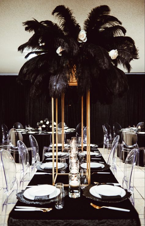 50 Shades Of Black Party Ideas, All Black Masquerade Party, All Black Party Centerpieces, Black Party Centerpieces, Black Tie Affair Party Decorations, All Black Centerpieces, All Black 40th Birthday Party, Black Tie Birthday Party Decoration, Black Tie 40th Birthday Party