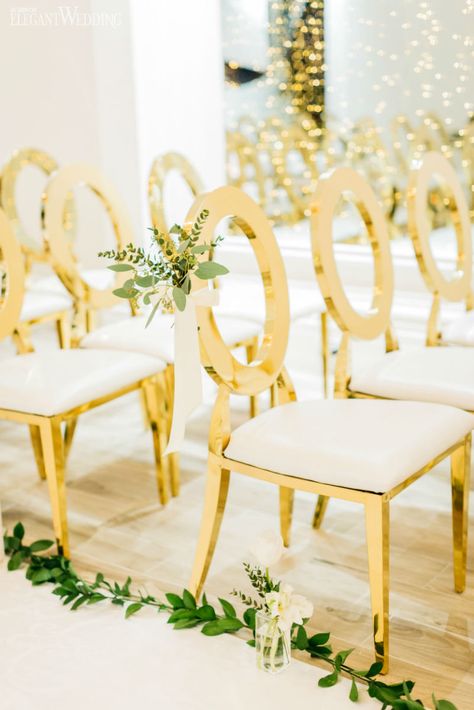 Bride Planner, Gold Wedding Chairs, Gold Wedding Ceremony, Chair Flowers, Wedding Ceremony Chairs, Chairs Wedding, Event Decor Direct, Glam Bride, Ceremony Chairs