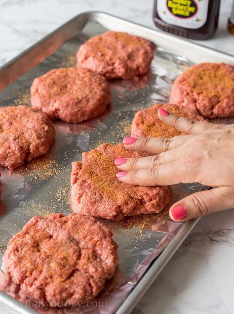 These Honey BBQ Cowboy Burgers are thick and juicy hamburger patties that are topped with cheese, Sweet Baby Ray's Honey BBQ Sauce and crispy onion rings. It's a party in your mouth! Juicy Hamburger Patties, Cowboy Burgers, Sweet Burger, Cowboy Burger, Crispy Onion Rings, Chili Burger, Juicy Hamburgers, Honey Bbq Sauce, Grilled Burgers