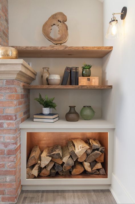 Interior Fireplace Wood Storage, Fireside Storage Built Ins, Wood Store In Alcove, Brick Fireplace Alcove Ideas, Inside Log Store Living Rooms, Built In Wood Box Next To Fireplace, Wood Store Living Room, Fireplace Open Shelving, Wooden Shelves Next To Fireplace