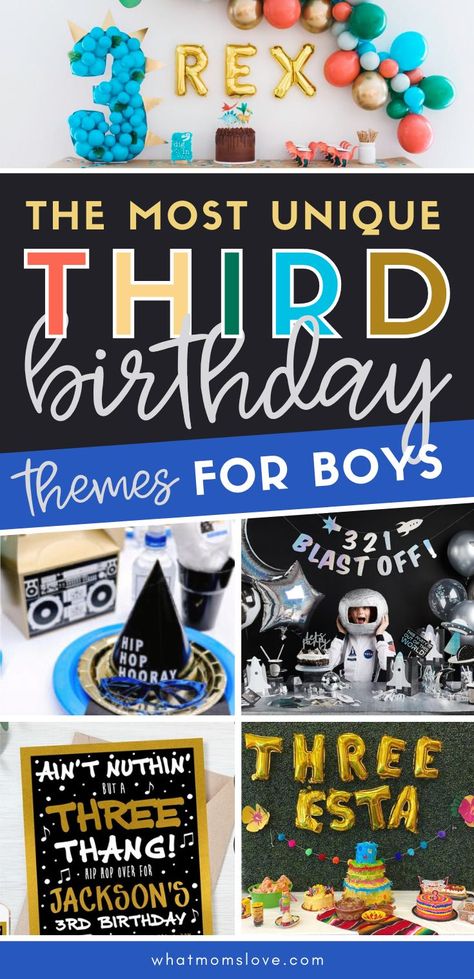 Unique 3rd Birthday Party Themes for Boys | Creative ideas for celebrating your 3 year old with inspiration for decorations, food, favors and more! Third Birthday Theme Boy, 3rd Birthday Party Themes, Party Themes For Girls, Three Esta, Third Birthday Boys, 3rd Birthday Party For Boy, Toddler Boy Birthday, 3rd Birthday Boys, 3rd Birthday Party