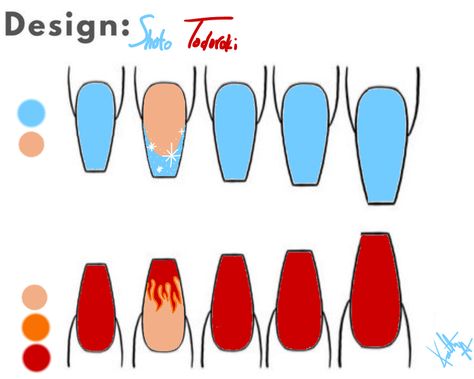 Ouran High School Host Club Nail Art, Anime Nail Inspo Simple, Fire And Ice Nail Designs, Anime Themed Nails Simple, Anime Nails Designs Simple, Mha Nails Design, Nails Design Drawing, My Hero Nails, My Hero Academia Nail Art