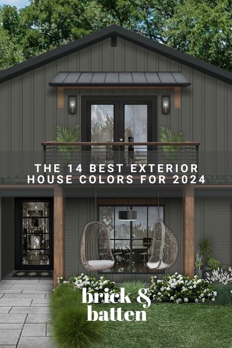 We're excited to present our list of the best exterior house colors for 2024. Whether you desire something dark and moody or light and bright, there’s a designer-approved hue here for everyone. View the full list and let us know which color is your favorite: https://bit.ly/3R3XXux Exterior House Colors With Garage Door, Modern Cabin Exterior Ideas, Green Exterior With Brick, Mid Century House Exterior Colors, Green Mountain House Exterior, Dark Green Exterior Paint Colors, Green Paint House Exterior, Exterior Green Paint Colors For House, Dark Green Siding House