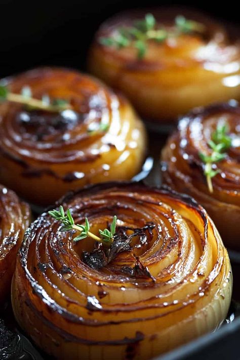 everal Balsamic Roasted Onions in a baking dish, each with a rich, balsamic glaze and golden-brown caramelization. Gluten Free Thanksgiving Side Dishes, Slow Cooker Creamed Corn, Balsamic Onions, Cherry Tomato Salad, Thanksgiving Potluck, Honey Roasted Carrots, Gluten Free Thanksgiving, Sweet Potato And Apple, Roasted Onions