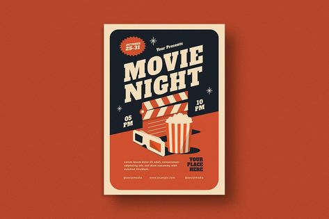 Movie Night Poster, Movie Night Flyer, Theater Ticket, Retro Template, Film Projection, Outdoor Movie Theater, Professional Poster, Christmas Movie Night, Flyer Size