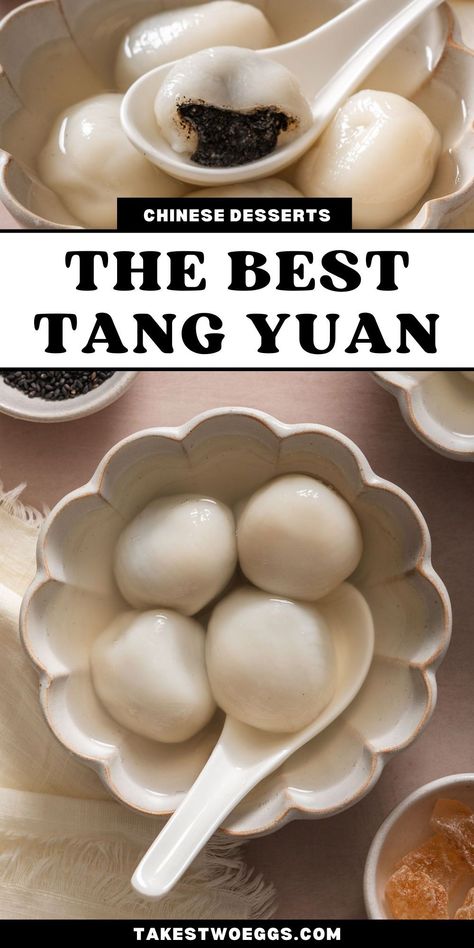 Tang yuan or Chinese glutinous rice balls is a tender, chewy rice ball dessert that is filled with a sweet and nutty black sesame filling. This black sesame tang yuan recipe includes a sweet ginger broth for that extra layer of flavor. Tangyuan is one of my favorite desserts to make because it is incredibly comforting and satisfying. Plus, you can easily customize it with different fillings or broths! Tang Yuan Recipe, Ginger Broth, Chinese Dessert Recipes, Aesthetic Recipes, Glutinous Rice Balls, Tang Yuan, Tofu Pudding, Asian Dessert Recipes, Authentic Asian Recipes