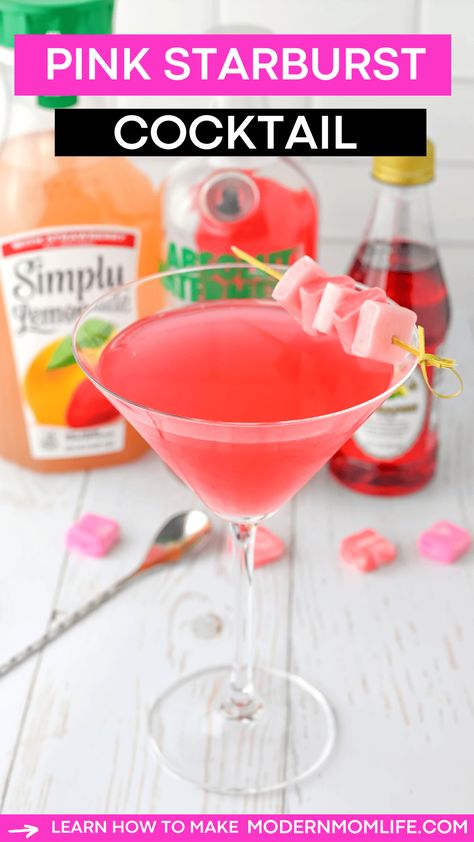 Craft your own Pink Starburst Martini with our easy-to-follow recipe. Inspired by your favorite chewy candy, this drink doesn't disappoint. #CocktailRecipes #PinkCocktail #PinkDrinks #VodkaDrinks #StarburstDrinks Pink Starburst Martini, Cute Pink Alcoholic Drinks, Strawberry Starburst Drink, Pink Starburst Shot Recipe, Pink Cosmopolitan Drink, Pink Starburst Shots, Starburst Margarita, Pink Lemon Drop Martini, Pink Starburst Cocktail