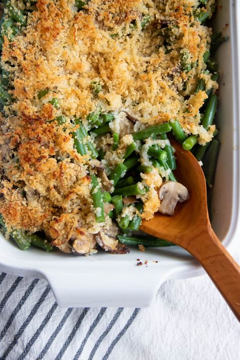 Fresh Green Bean Casserole (Gluten-Free/Vegan Options) Green Bean Casserole No Mushroom, Fresh Green Bean Casserole Recipes, Ultimate Green Bean Casserole, Breadcrumbs Recipe, Dried Onions, Fresh Green Bean Casserole, Green Bean Casserole Campbells, Cheesy Green Bean Casserole, Creamy Green Beans