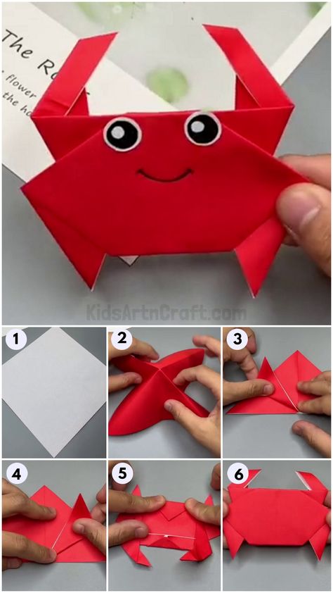 Origami Crab Tutorial, Crab Art And Craft, Easy Origami For Kids Step By Step, Crab Crafts For Kids, Crab Origami, Cute Origami Easy, Paper Crab, Crab Craft, Crab Crafts