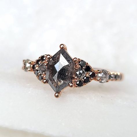 Salt And Pepper Diamond Ring Vintage, Salt N Pepper Engagement Rings, Goth Diamond Ring, Crystal Wedding Ring Raw Vintage, Rose Gold And Black Jewelry, Black Vintage Wedding Ring, Out Of The Ordinary Engagement Rings, Black Hexagon Ring, One Of A Kind Rings Engagement