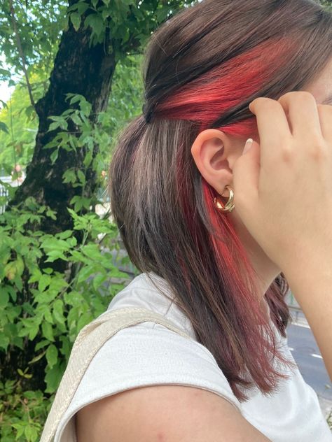 Brunette With Red Streaks, Red Peekaboo Brown Hair, Under Dyed Hair Red And Brown, Half And Half Hair Color Underneath Red, Half Dyed Red Hair, Half Brown Half Red Hair Underneath, Red Hair Bottom Layer, Brown Hair With Red Peak A Boo, Under Hair Dye Red And Brown