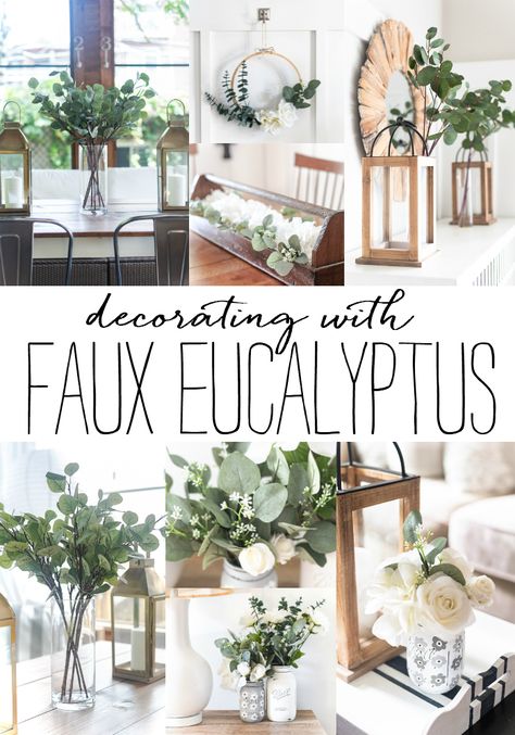 How To Decorate With Eucalyptus, Decorate With Eucalyptus Branches, Eucalyptus Mirror Decor, How To Add Greenery To Home, Living Room Decor Greenery, How To Style Eucalyptus In Vase, Eucalyptus Ideas Decor, Mirror With Eucalyptus, Adding Greenery To Kitchen