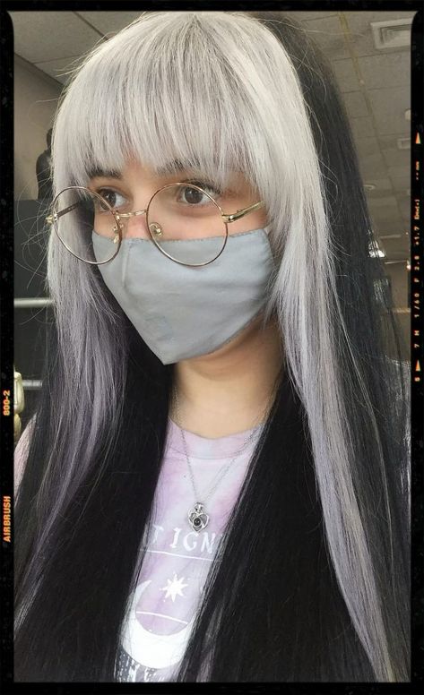 Hair Color Idea - Black and White Hair Grey Hair Astetic, Grey Bangs Black Hair, White On Top Black On Bottom Hair, Black And White Hair With Bangs, Black Hair With White Bangs, White Bangs Black Hair, Black Hair With Colored Bangs, Black Hair White Bangs, Black Hair With Blonde Bangs