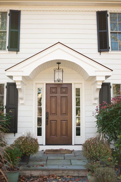 Colonial Front Door Ideas, Colonial Front Door, Porch Roof Design, Front Door Overhang, Front Door Awning, Door Overhang, Portico Design, Colonial House Exteriors, Porch Awning