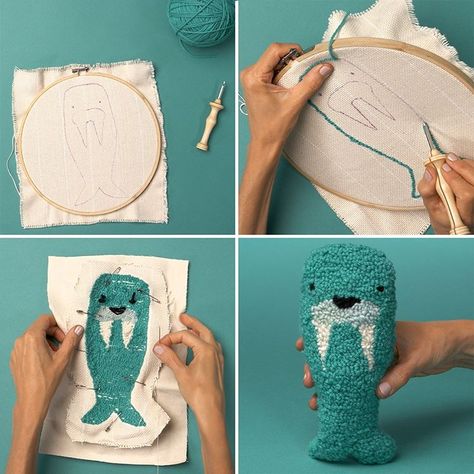 This punch needle stuffed animal walrus is the cutest thing we ever did sea! 🌊 Get the supplies list + full how-to → link in bio! Cute Walrus, Punch Needling, Patchwork Heart, Punch Needle Patterns, Cowl Knitting Pattern, Craft Punches, Punch Needle Embroidery, Needle Punch, Needle Art